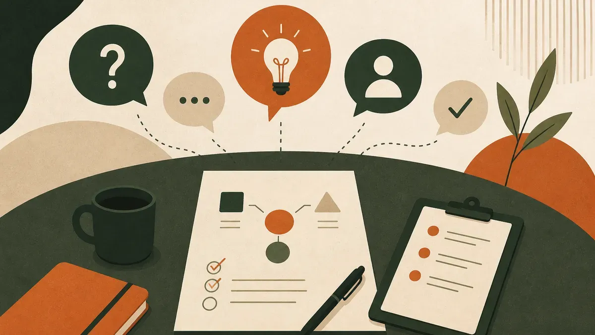 Ilustração sobre Reunião de briefing com cliente: perguntas, registro e próximos passos