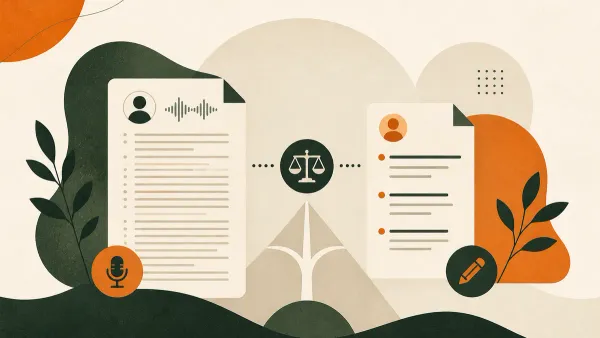 Ilustração sobre Transcrição ou resumo: diferenças e quando usar cada formato